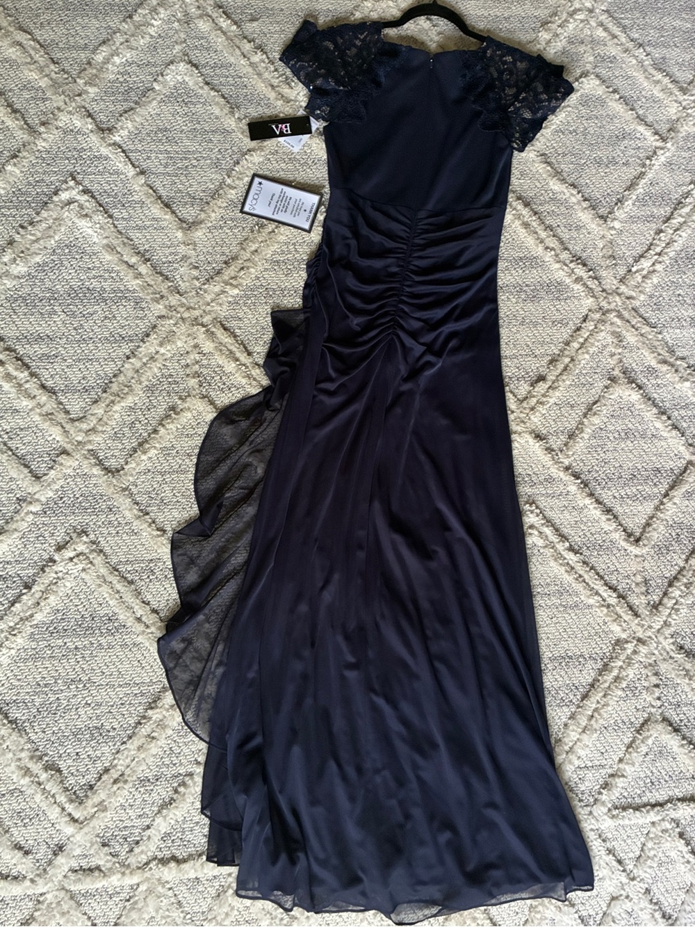 Betsy & Adam Navy Lace-Shoulder Evening Gown - Picture 6 of 10